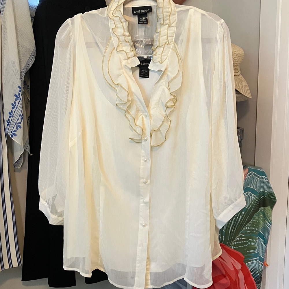 Lane Bryant 2 piece Cream Ruffle-Trim Sheer Button Blouse & Tank